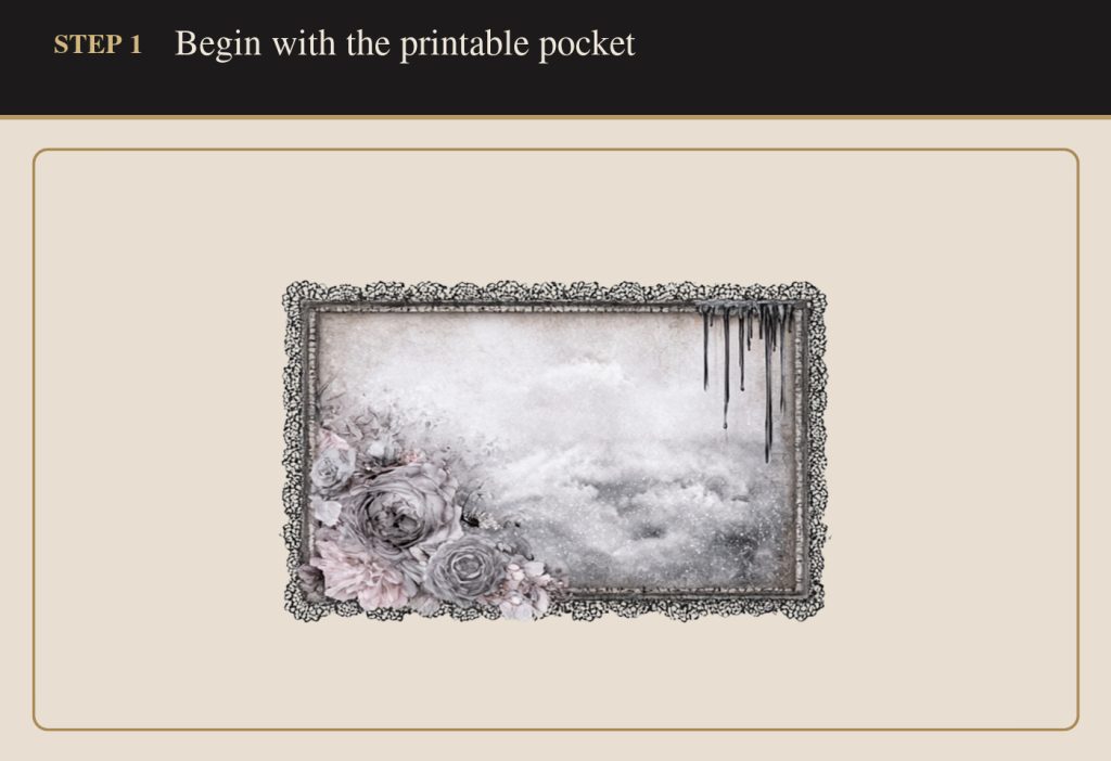 Completed junk journal pocket tutorial showing layered Haunted Manor ephemera with ornate frame card