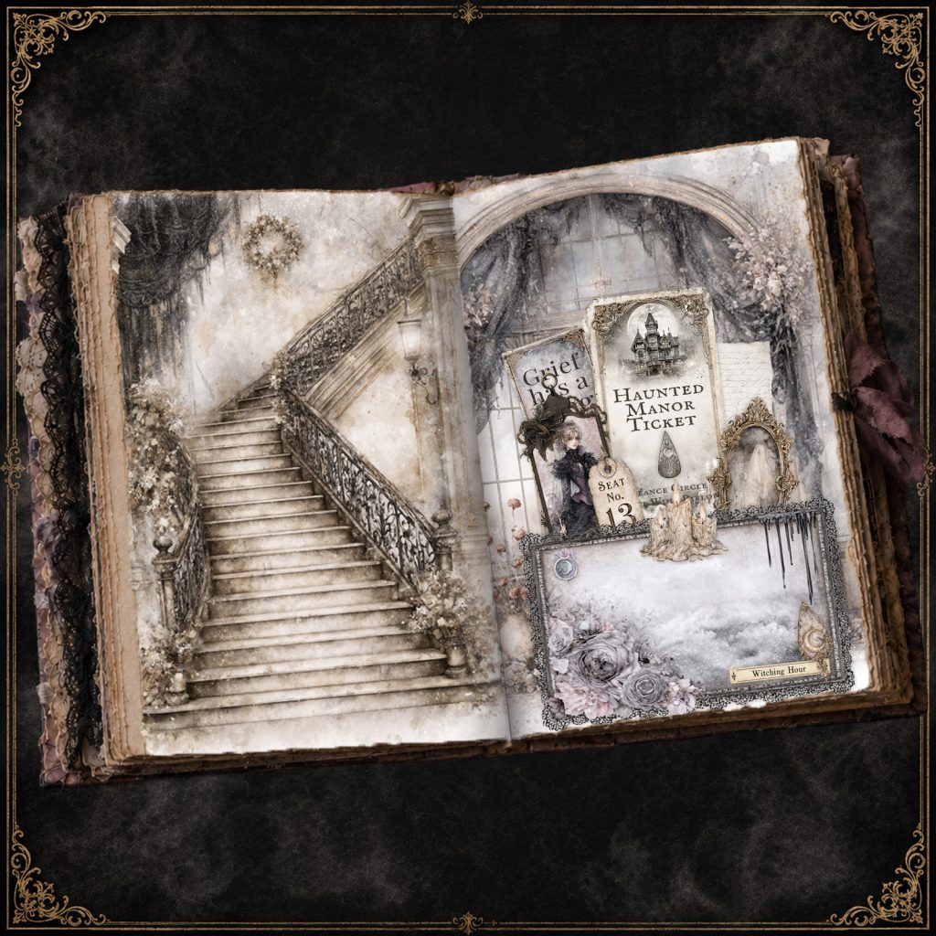 Layered junk journal pocket tutorial result with Haunted Manor ticket and Gothic staircase ephemera