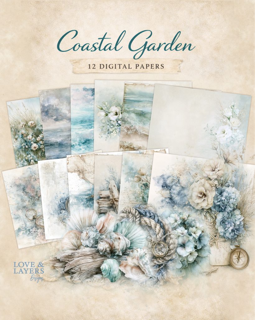 A collection of 12 digital papers titled Coastal Garden, featuring soft blue, white, and beige watercolor illustrations of ocean waves, floral arrangements, seashells, driftwood, rope, and a vintage compass on a textured background.