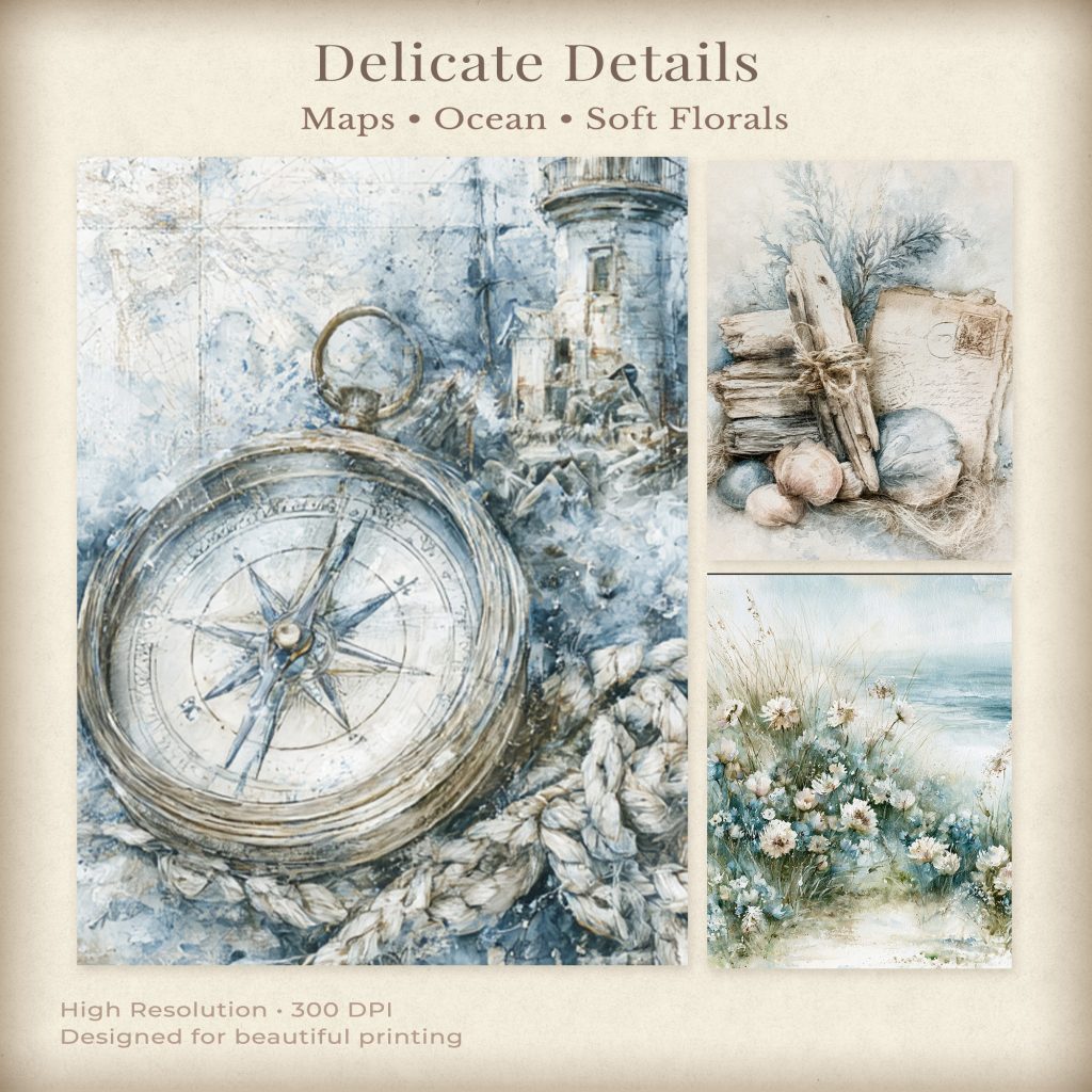 Delicate details of Coastal Garden journal papers featuring a vintage compass, soft watercolor florals, ocean maps, and coastal botanical elements at 300 DPI