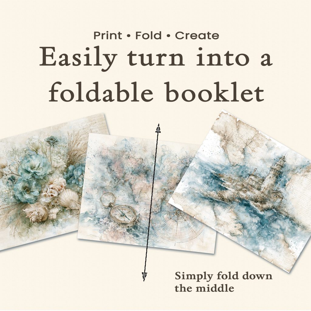 Coastal Garden printable journal papers displayed in foldable booklet format with watercolor coastal florals and nautical accents for junk journaling