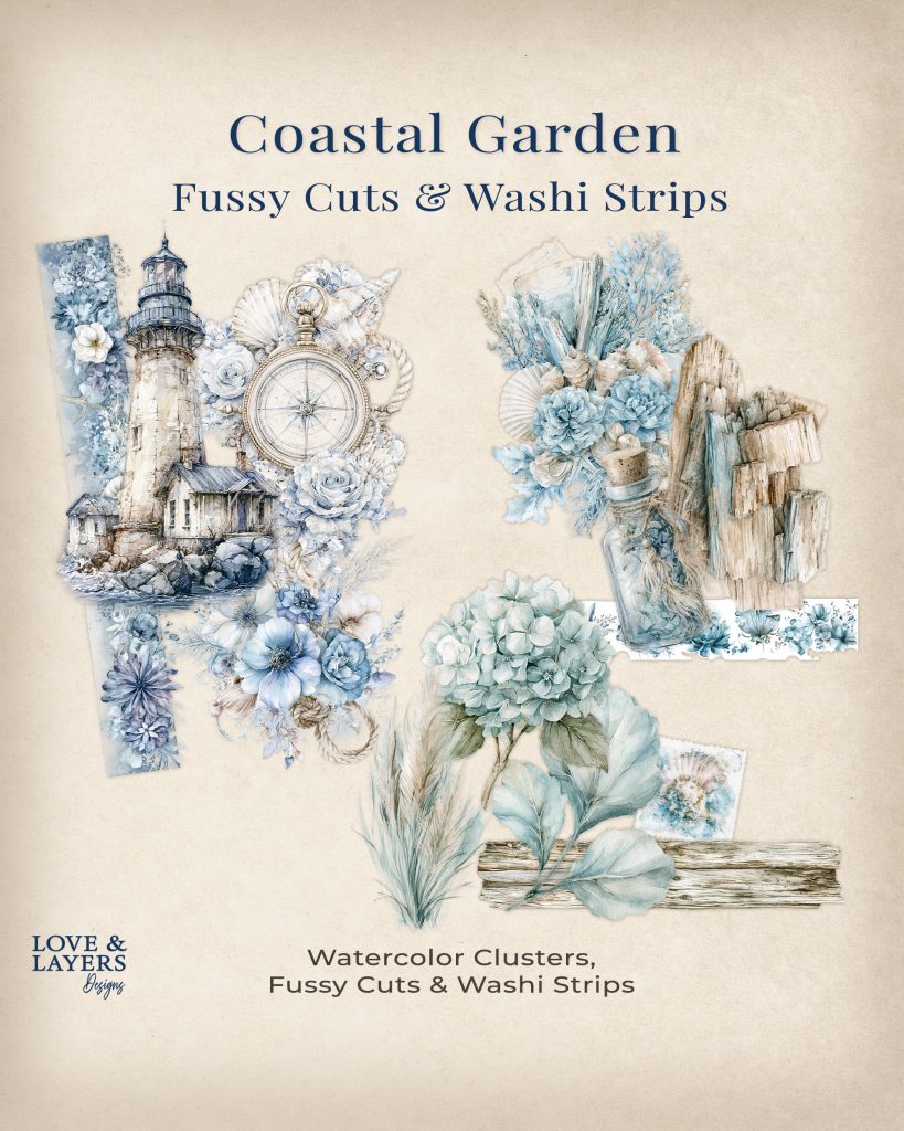 Coastal Garden Fussy Cuts and Washi Strips product hero image featuring a watercolor lighthouse, vintage compass, seashells, and soft blue coastal botanical illustrations