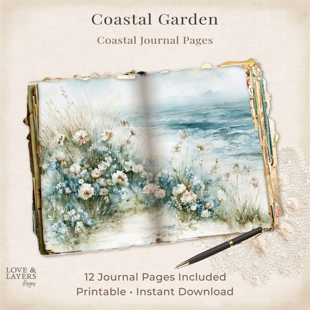 Coastal Garden Printable Journal Papers showing all 12 watercolor digital designs including ocean waves, florals, seashells, and coastal botanicals - instant download