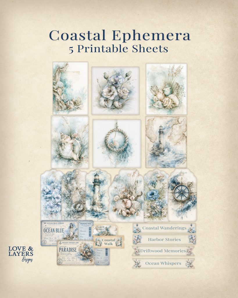 Coastal Ephemera 5 Printable Sheets product hero image showing watercolor botanical and coastal printable sheet designs with soft blue and neutral tones