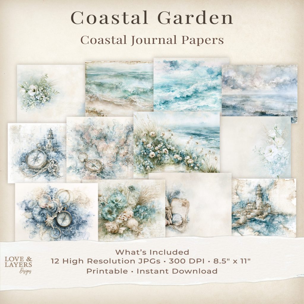 Coastal Garden Printable Journal Papers hero image showing stacked 12-piece watercolor digital paper collection with soft blue florals and nautical coastal accents