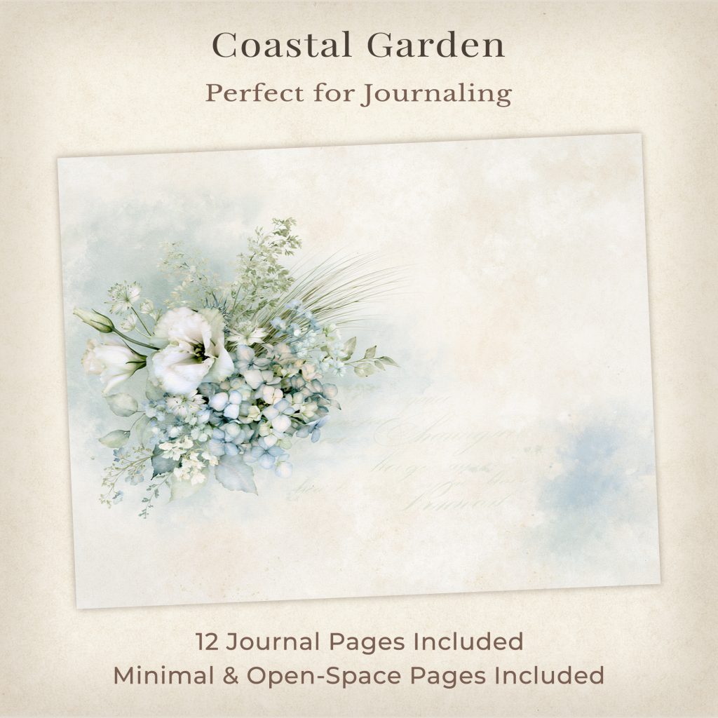 Coastal Garden digital paper collection overview showing 12 printable journal papers with soft blue and beige watercolor coastal florals and nautical designs