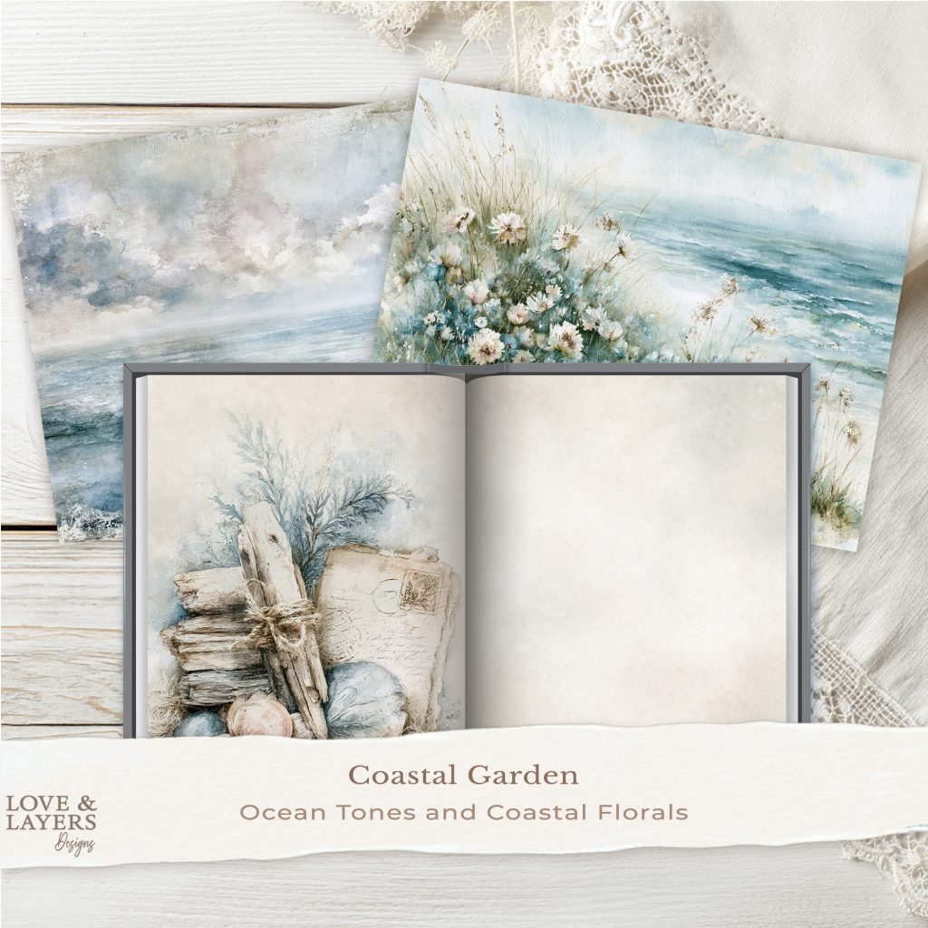 Coastal Garden printable journal papers used in an open junk journal - watercolor coastal pages layered with florals and nautical-themed digital papers