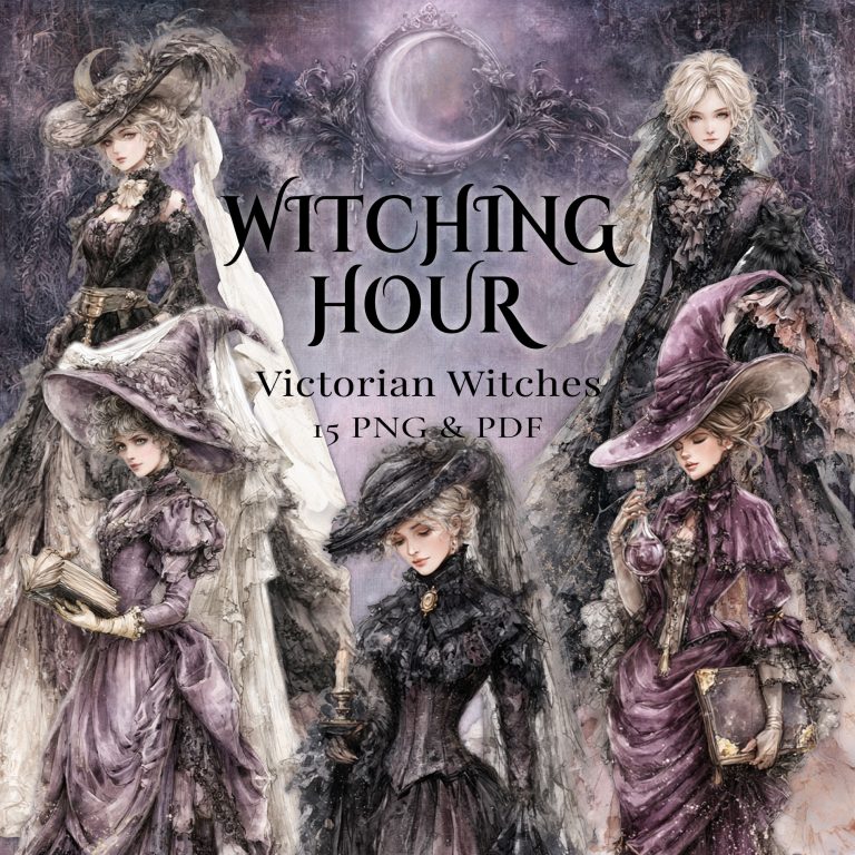 Witching hour Victorian witches printable clipart with dark romantic gothic portraits and gothic florals