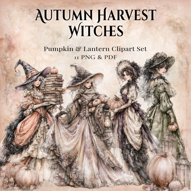 Autumn harvest witches printable clipart for junk journals with Victorian-style witch illustrations and fall botanicals