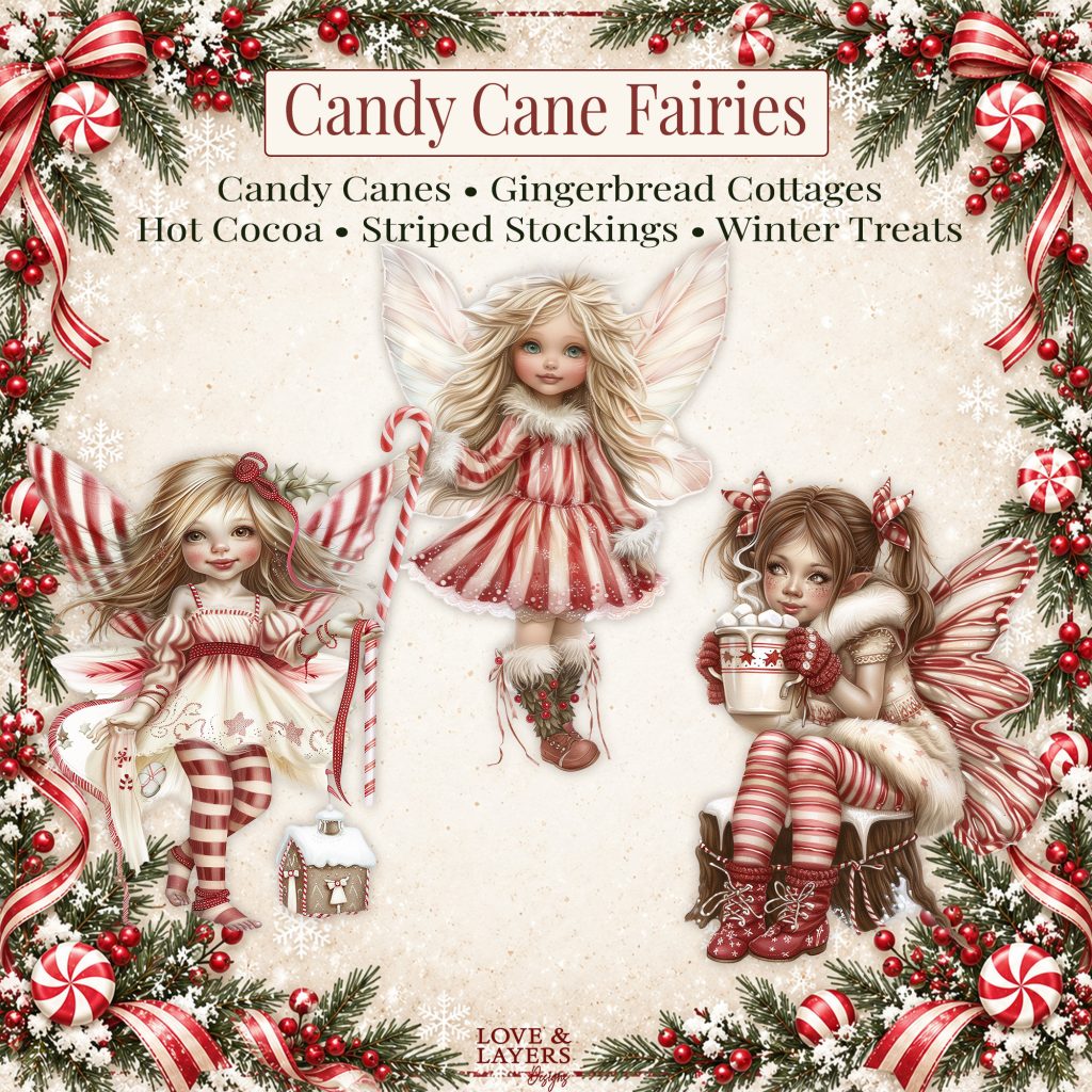 Candy cane themed Christmas fairy clipart trio with gingerbread cottage and cocoa mug