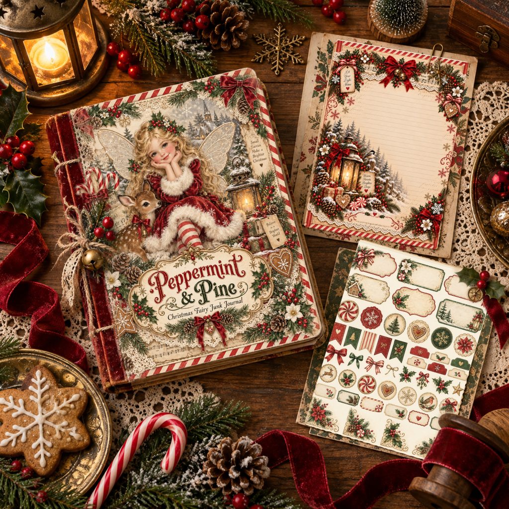Christmas mockup fairy junk journal with winter paper, labels and tabs