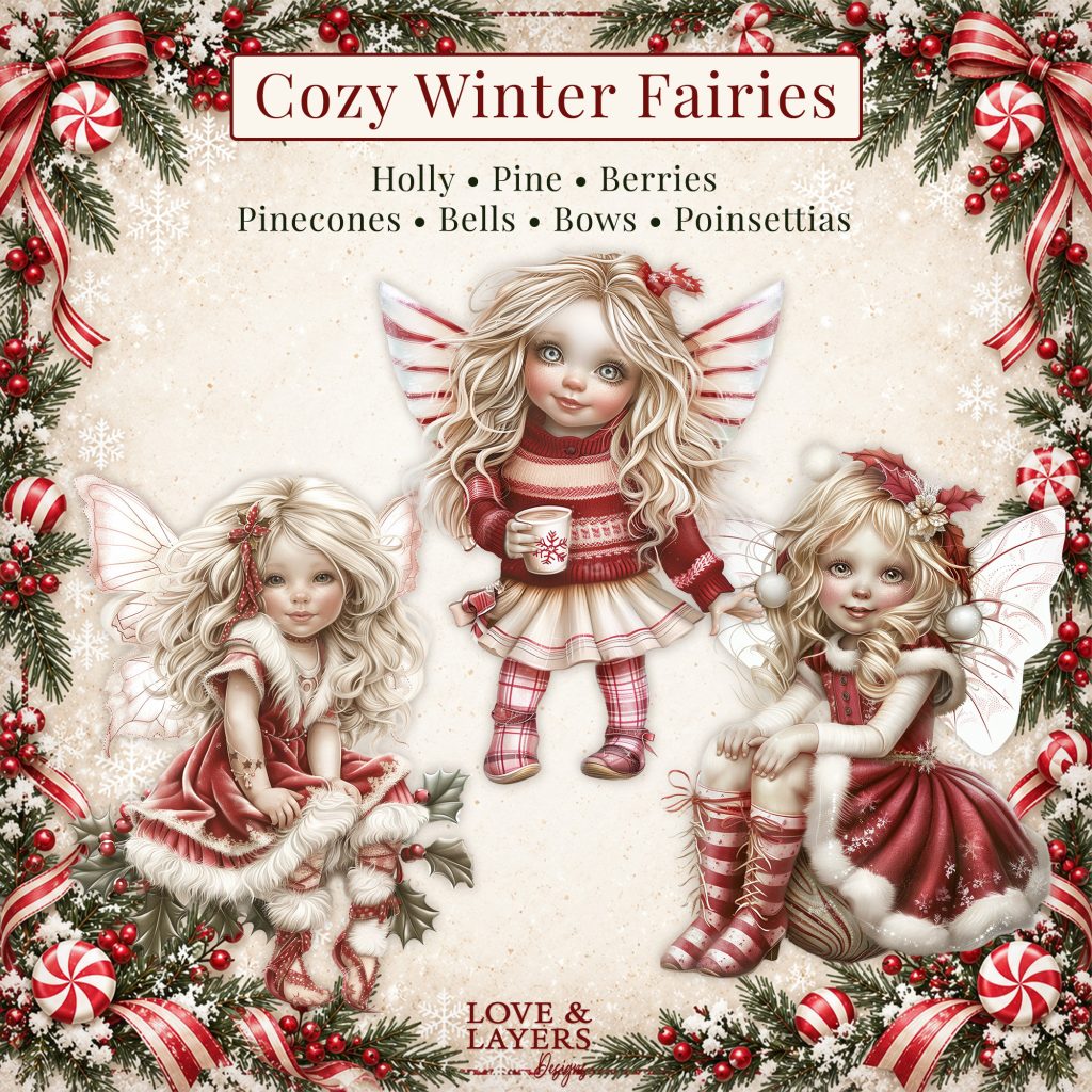 Cozy winter Christmas fairy clipart with holly, pine, and poinsettia accents