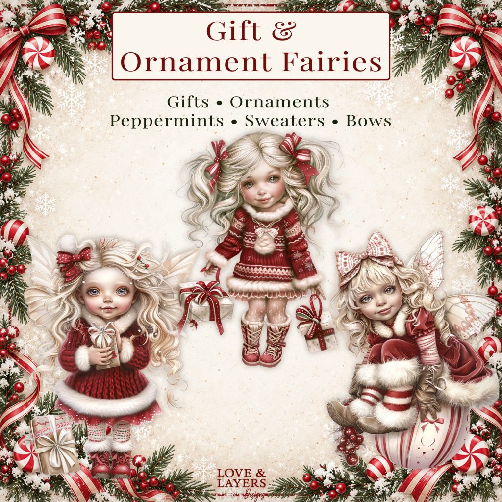 Christmas gift box and ornament fairy clipart, candy cane color palette