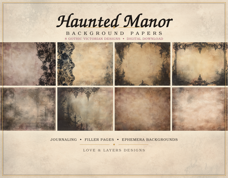 Victorian haunted manor printable background papers with dark gothic textures and haunted manor florals
