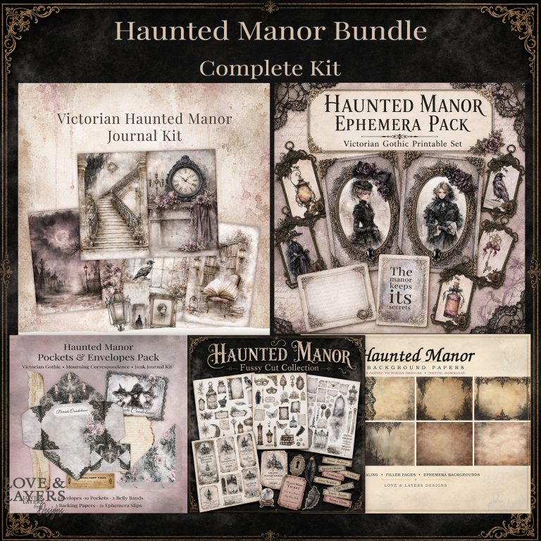 Victorian haunted manor complete printable collection bundle with journal papers, tags, fussy cuts, pockets and ephemera