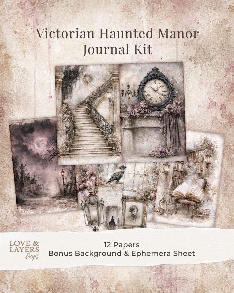 Printable Victorian haunted manor journal papers for junk journals featuring gothic florals and dark Victorian scenes