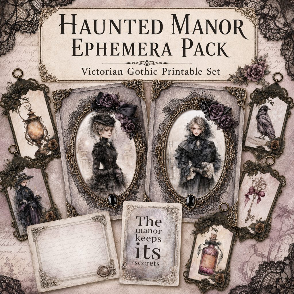 Victorian haunted manor printable tags and journal cards with gothic ephemera and dark romantic designs