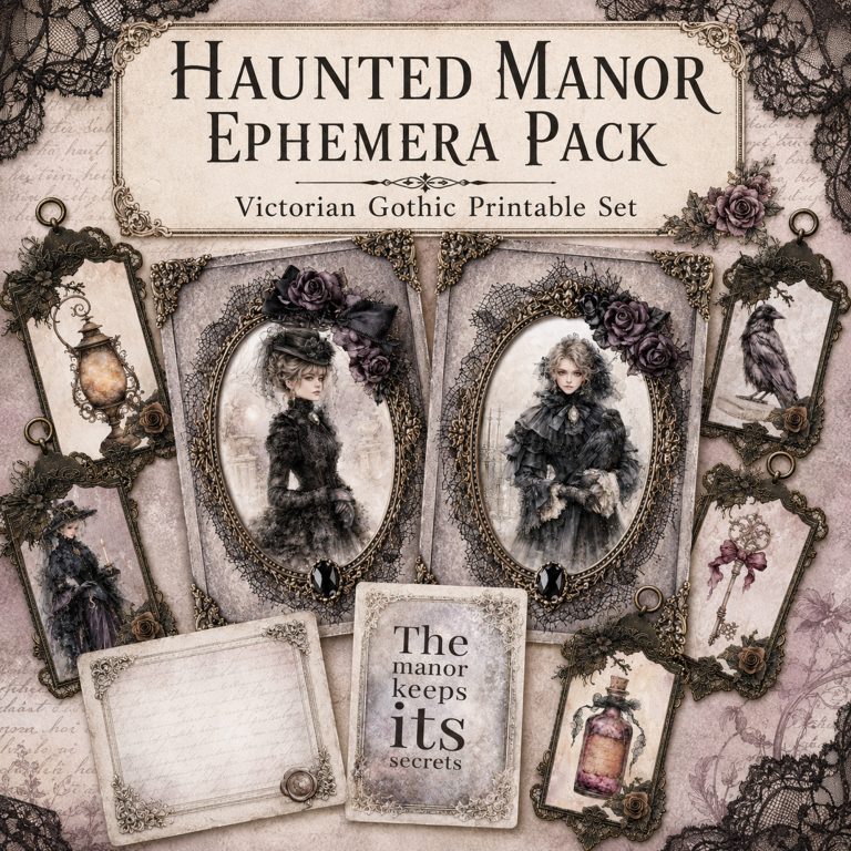 Victorian haunted manor printable tags and journal cards with gothic ephemera and dark romantic designs