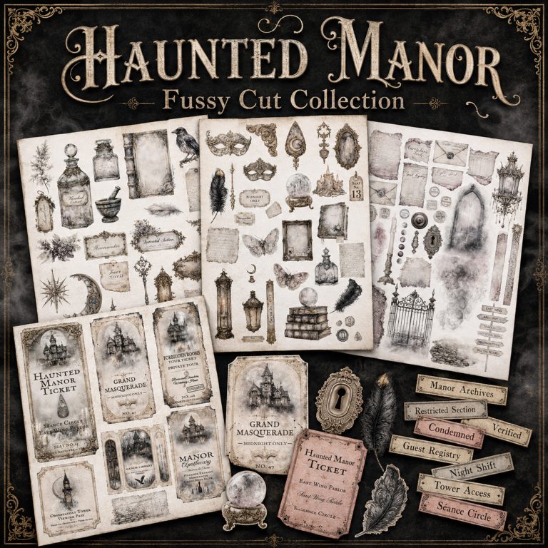 Victorian haunted manor fussy cuts printable ephemera featuring ravens, roses, and dark Victorian details