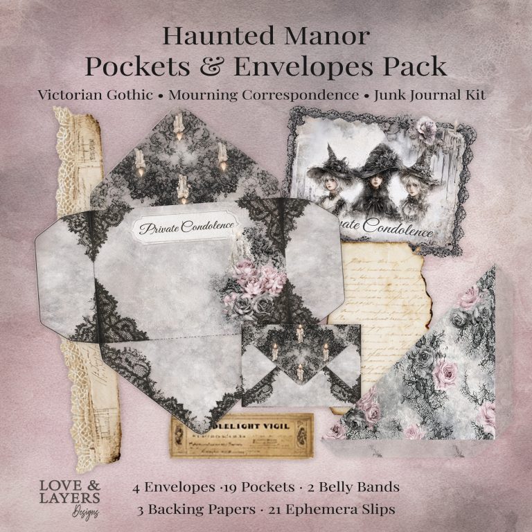 Victorian haunted manor printable envelopes and pockets for junk journals with gothic lace and dark florals