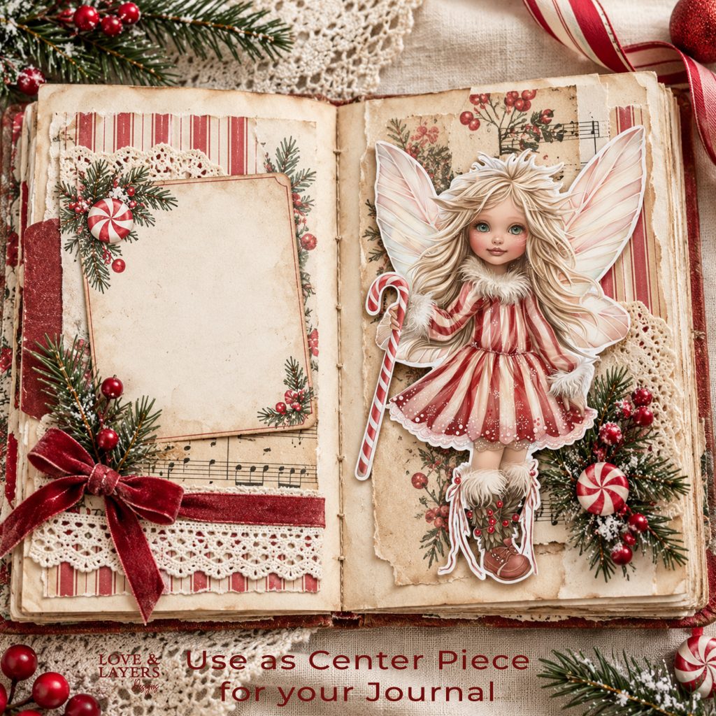 Christmas fairy clipart styled as a centerpiece on a vintage junk journal page
