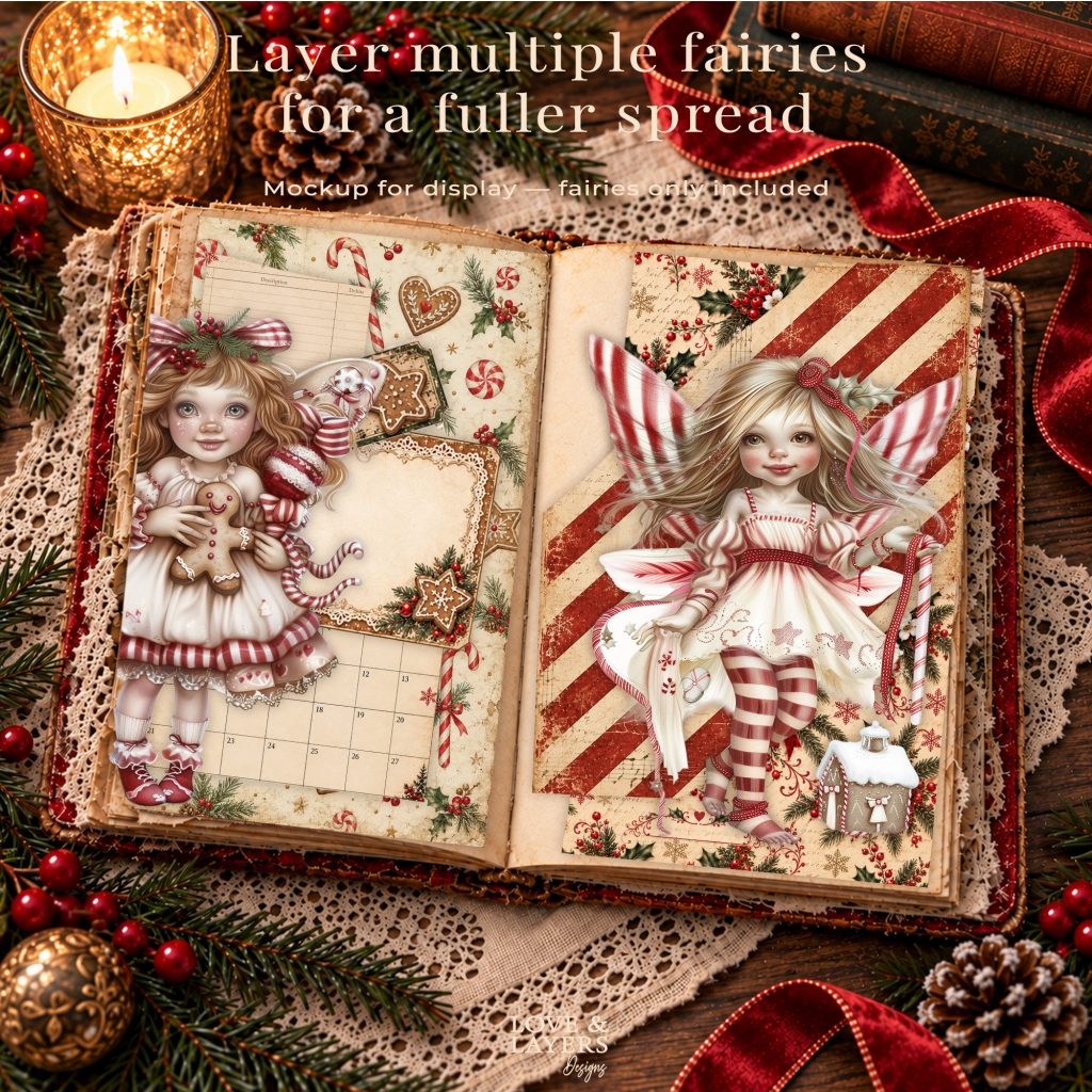 Two Christmas fairy clipart designs layered across a junk journal spread