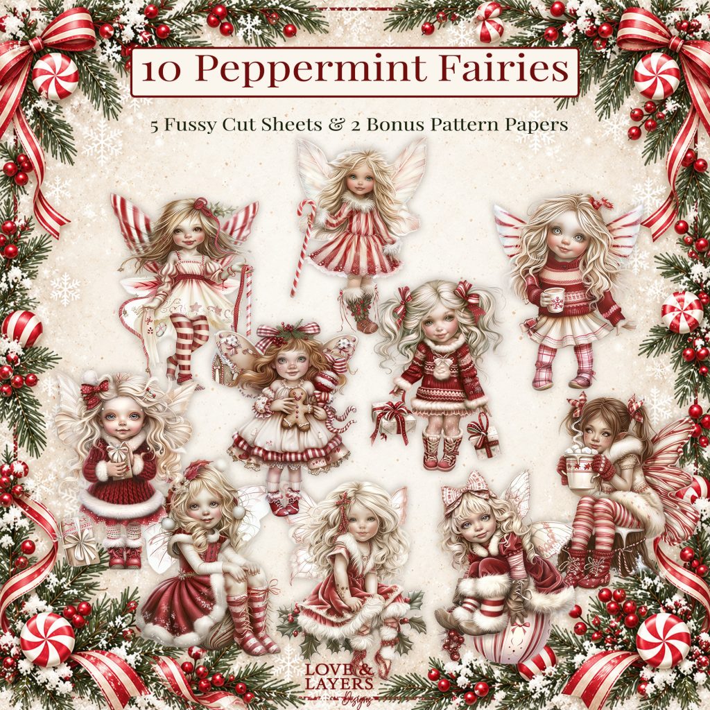 Ten Christmas fairy clipart designs in warm red and cream tones, transparent PNG files