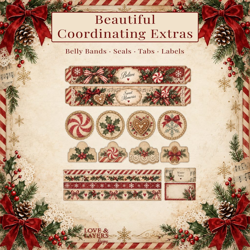 Christmas belly bands, round seals, tabs and border strips in red, green and cream