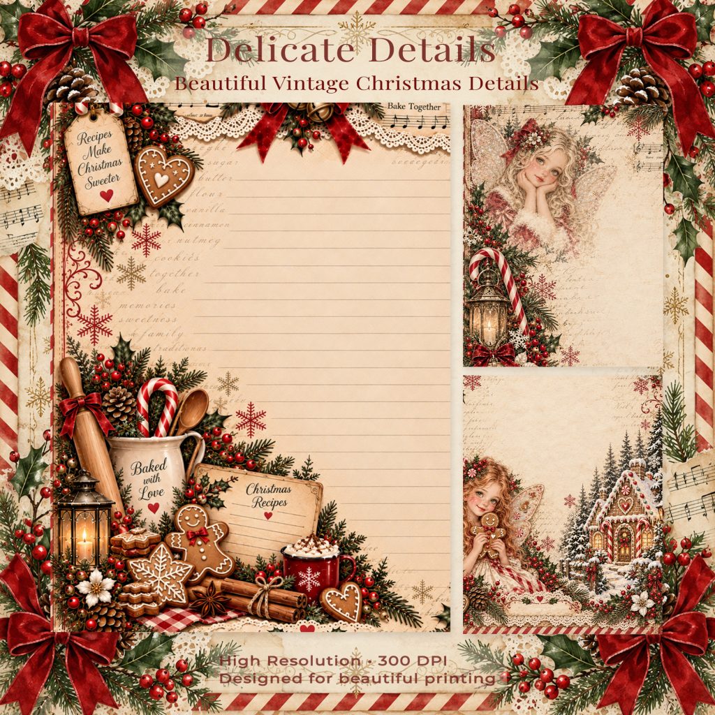 Close-up of a vintage Christmas fairy journal page with a gingerbread recipe card design