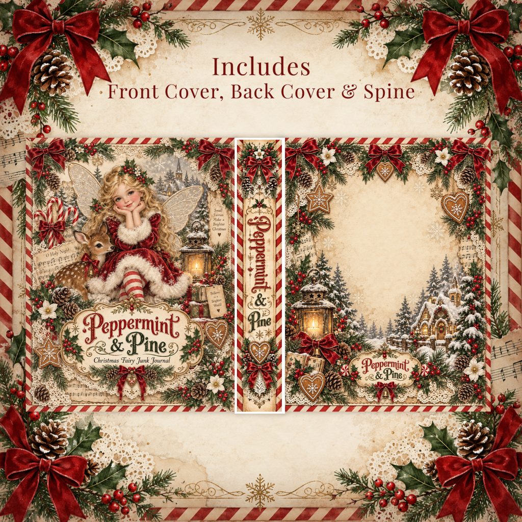 Front cover, spine and back cover for a vintage Christmas fairy junk journal