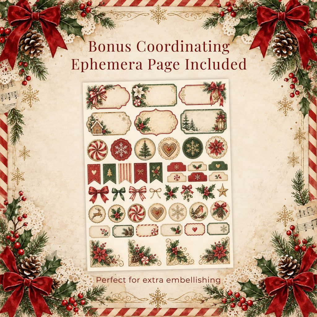 Bonus ephemera sheet of Christmas tags, labels, banners and corner flourishes