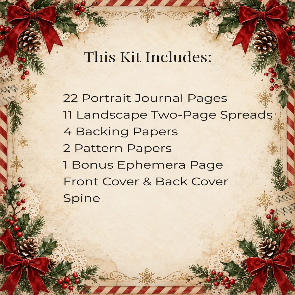 Kit contents: 22 portrait pages, 11 spreads, backing papers, covers, spine and a bonus ephemera sheet