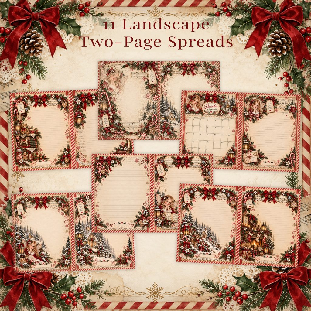 Landscape two-page spreads with vintage fairy and holiday village designs for Christmas junk journals