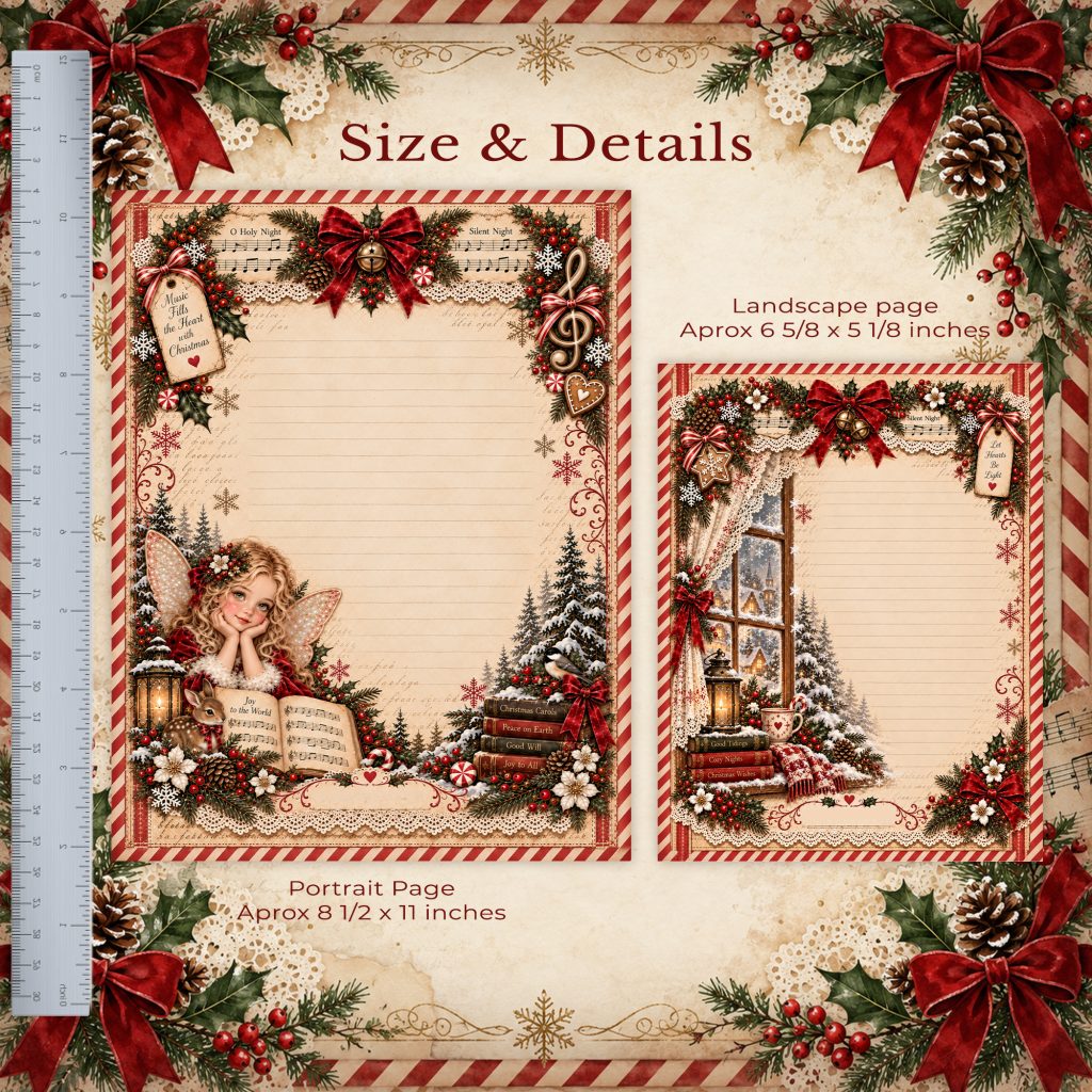 Size chart: portrait pages 8.5 x 11 inches, landscape spreads 6 1/8 x 10 1/4 inches