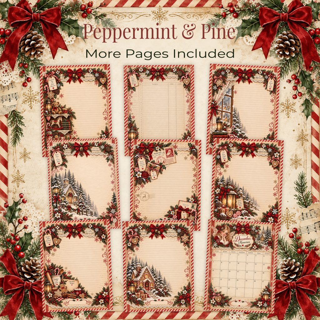 More portrait pages with a gingerbread house, North Pole mail and a calendar page in vintage Christmas style