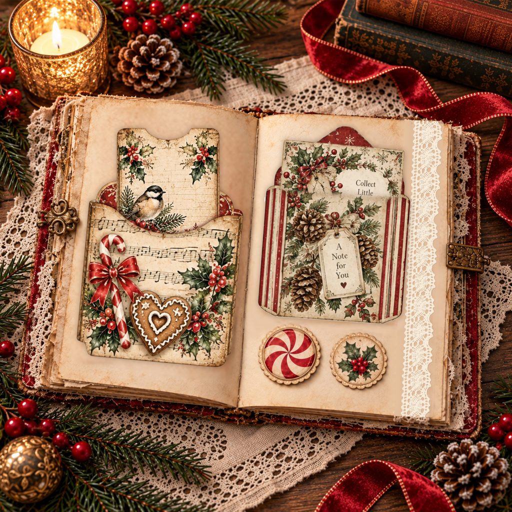 Vintage Christmas junk journal page with a sheet-music pocket holding a chickadee card and a gingerbread-heart envelope