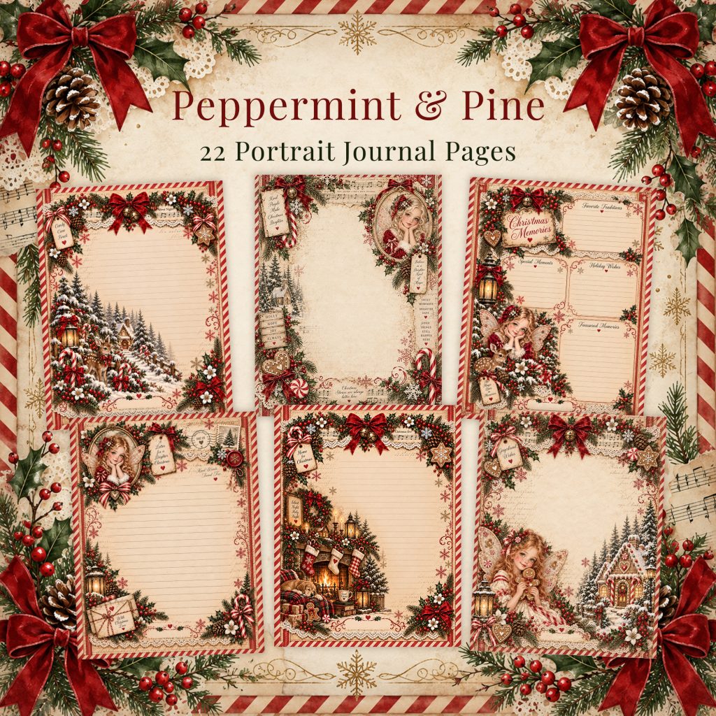 Portrait junk journal pages with vintage holly and lantern designs for a Christmas or December Daily journal