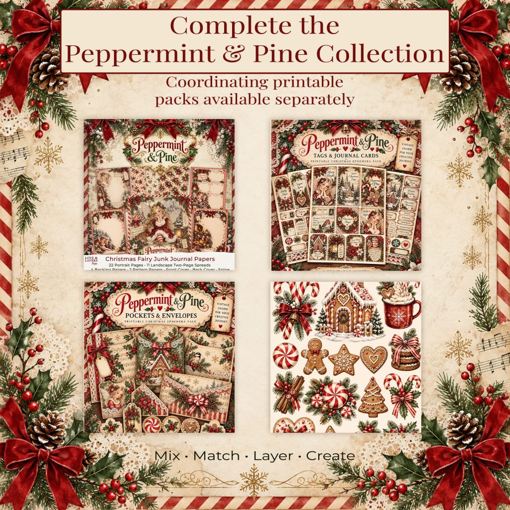 Peppermint & Pine collection packs sold separately: fairy papers, tags and journal cards, pockets and envelopes, clipart