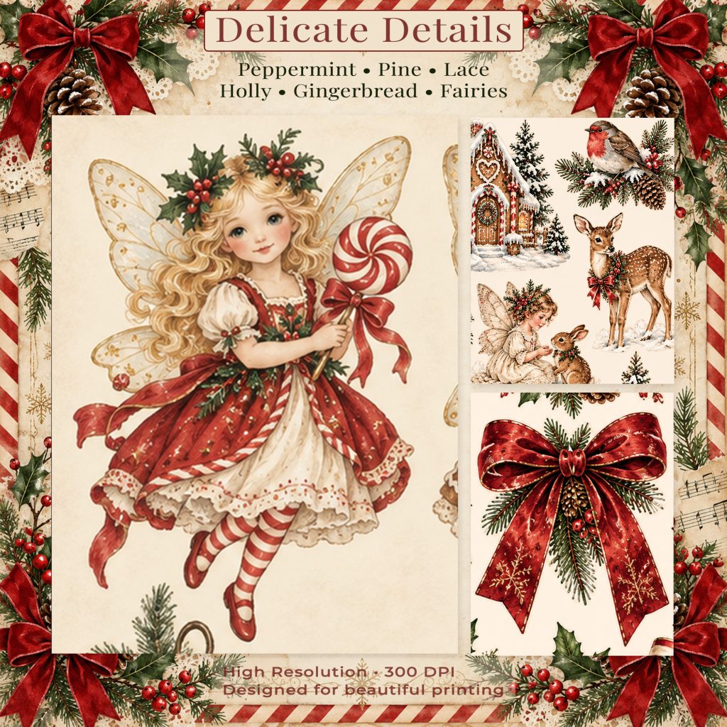 Close-up of 300 DPI Christmas fussy cut details including a peppermint fairy and velvet bow