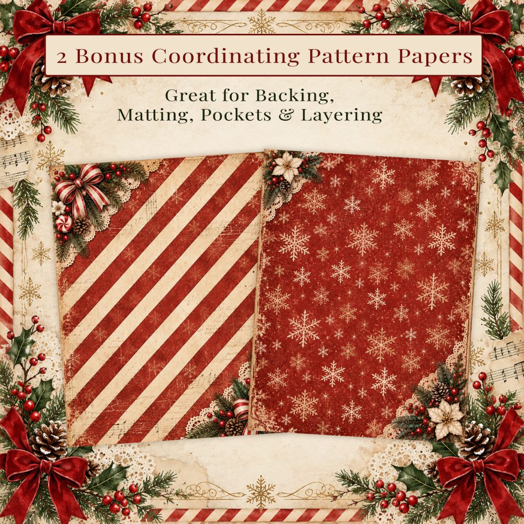Two bonus Christmas pattern papers: candy cane stripes and gold snowflakes on red