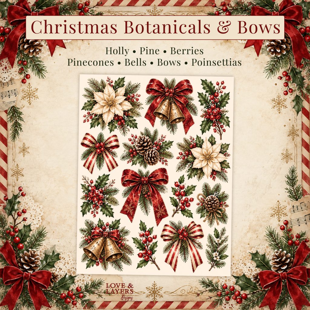 Christmas botanicals and bows sheet with holly, pine, pinecones, bells and poinsettias