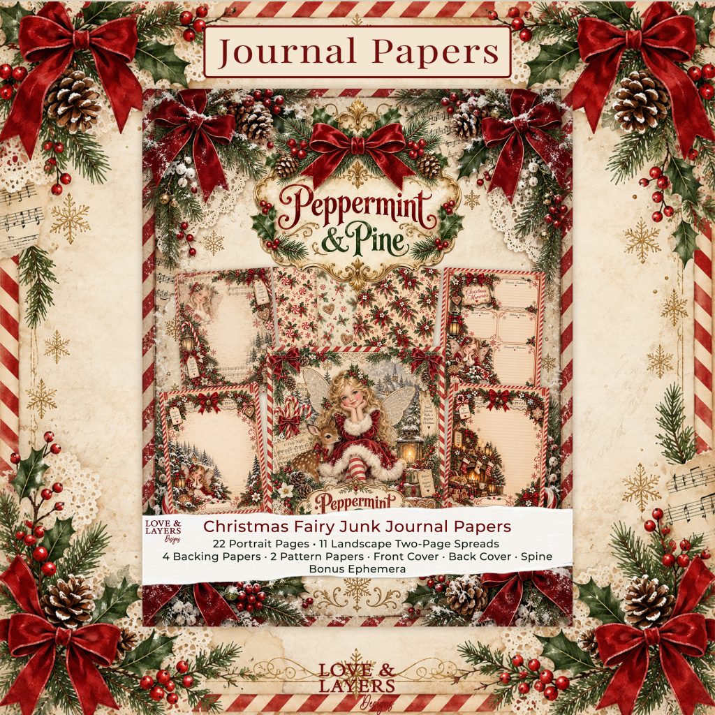 Printable Christmas fairy junk journal papers with portrait pages and landscape spreads