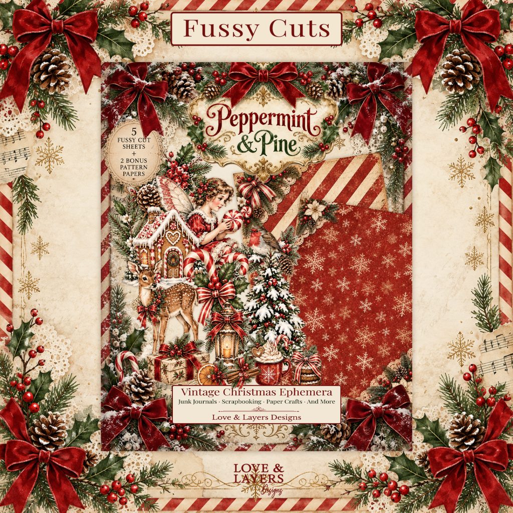 Vintage Christmas fussy cuts with fairy, fawn, and gingerbread house, plus transparent PNGs