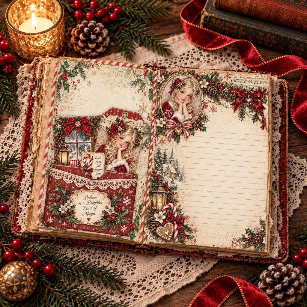 Vintage Christmas junk journal spread with a fairy page, lace pocket, and journal card