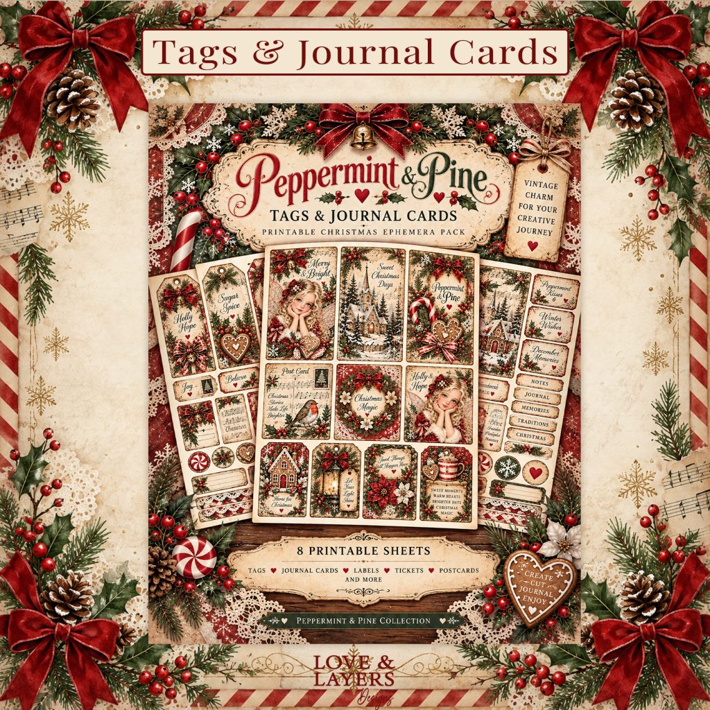 Printable vintage Christmas tags, journal cards, labels, and postcards