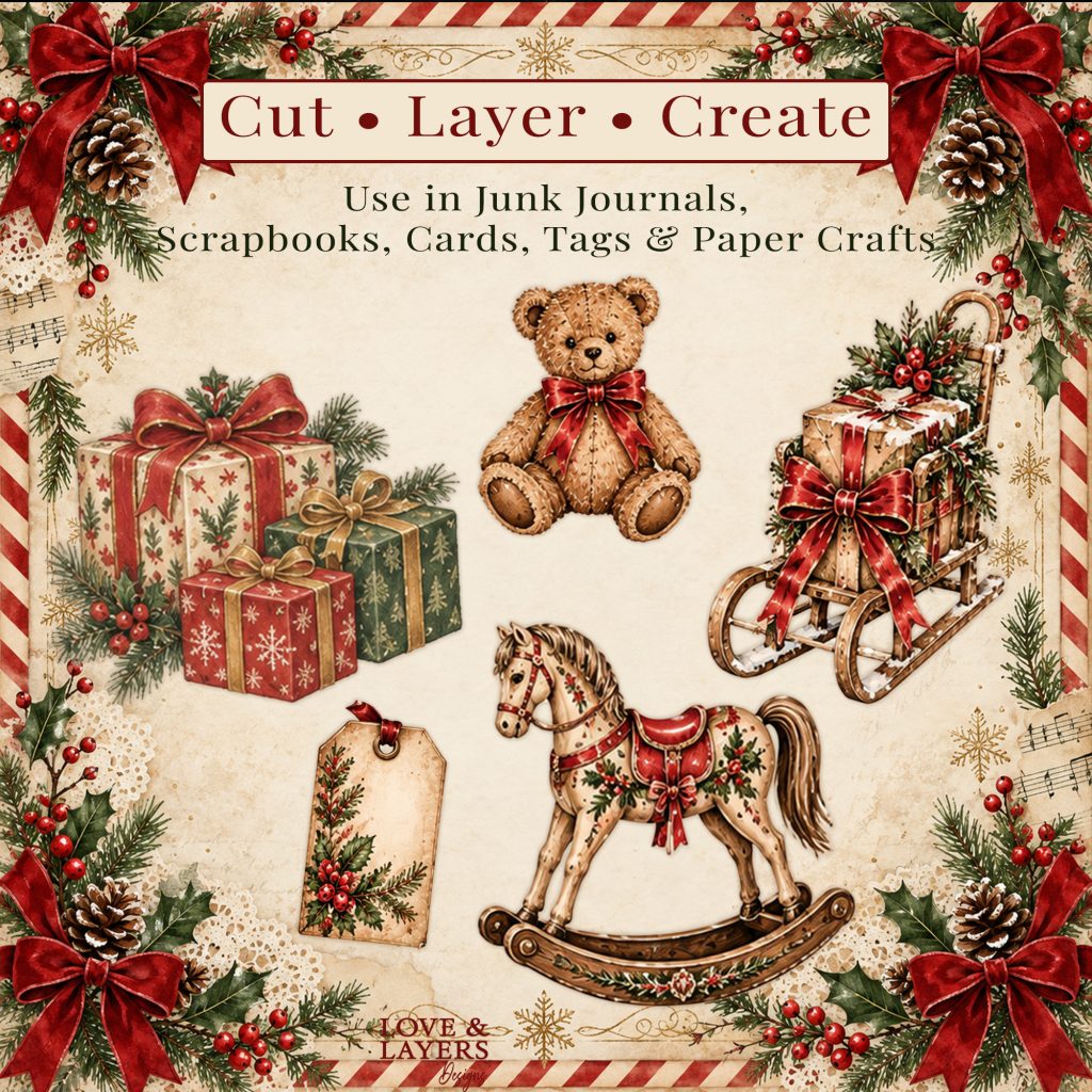 Layered Christmas fussy cuts with teddy bear, gifts, sleigh and rocking horse