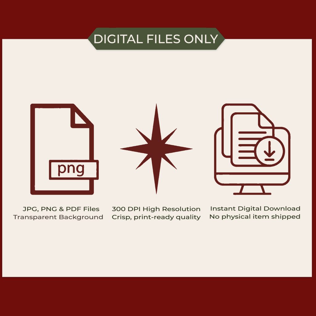 Digital download details: JPG, PDF and PNG files at 300 DPI, no physical item shipped