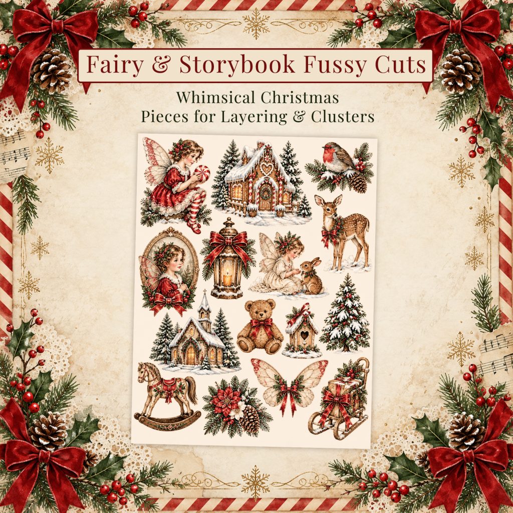 Fairy and storybook fussy cuts with teddy bear, rocking horse, sleigh and woodland friends