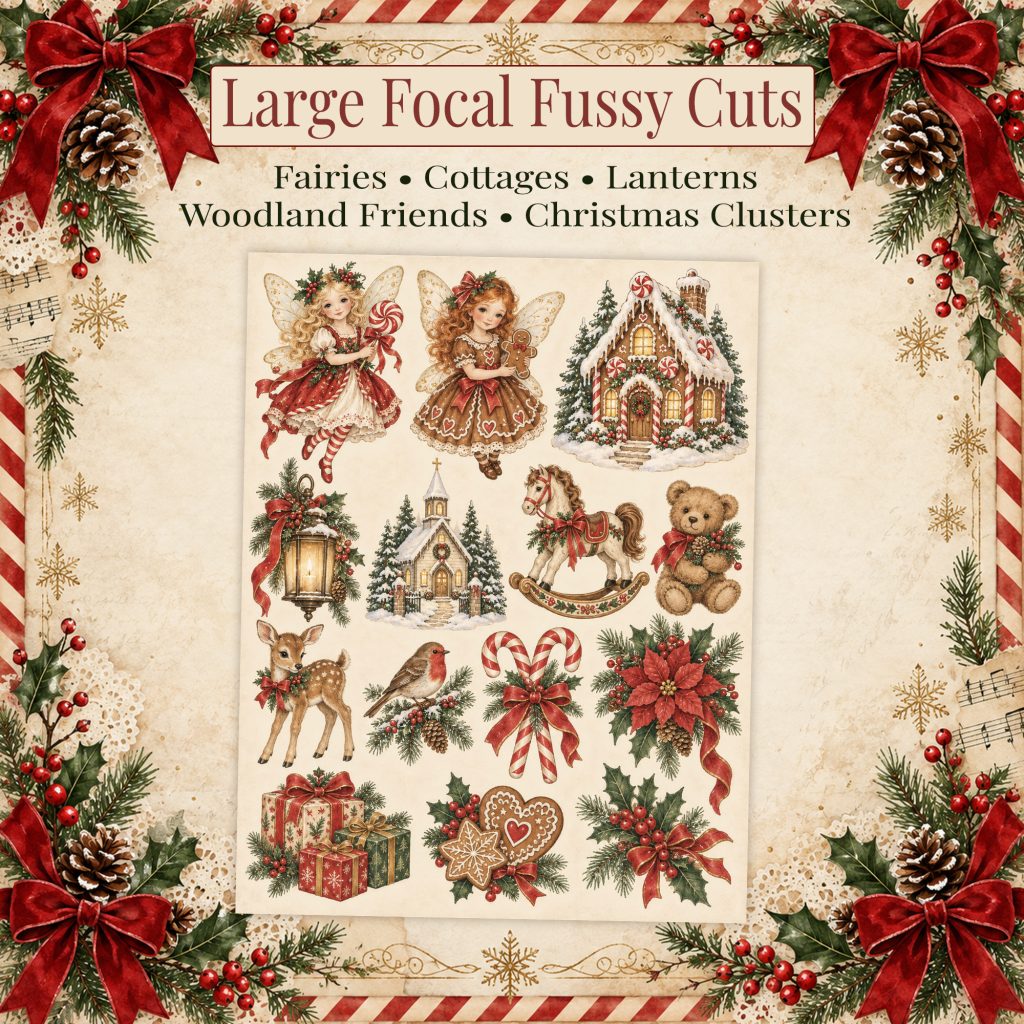 Large focal Christmas fairies, gingerbread cottage, lantern and chapel on one printable sheet
