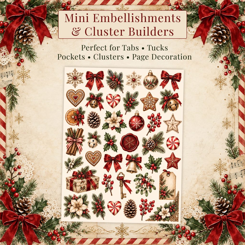 Mini Christmas embellishments for tabs, tucks, pockets and cluster building